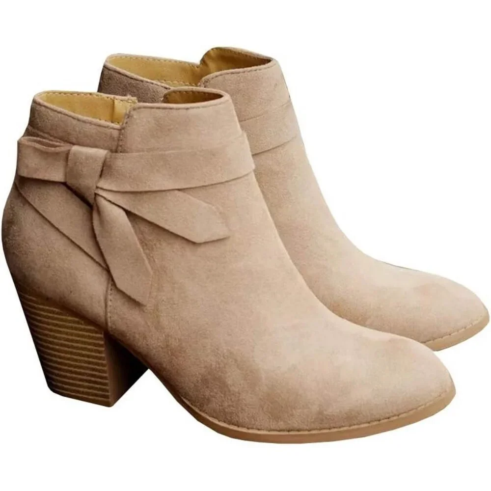 Women's Beige Synthetic Tie Knot Stacked Heel Chelsea Pump Ankle Boots Shoes